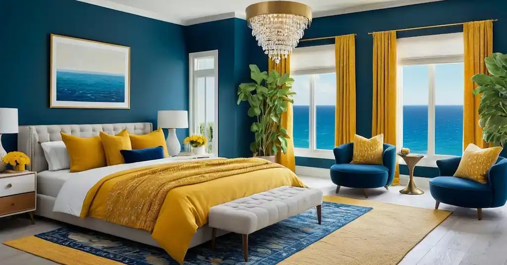 Bilik Tidur Romantik Moden Biru Laut Aksen Kuning Mustard