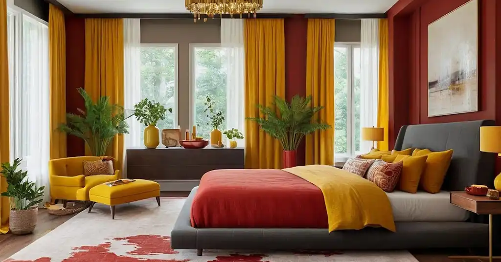 Bilik Tidur Romantik Moden Merah Aksen Kuning Mustard