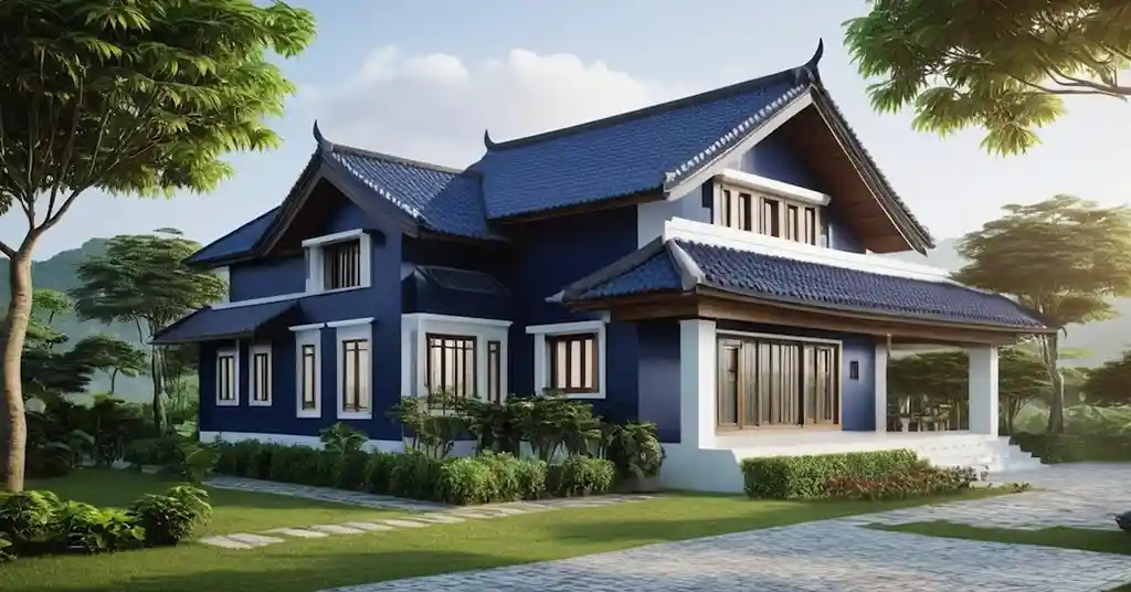 Warna Cat Luar Rumah Kampung Biru Gelap dan Putih Menarik