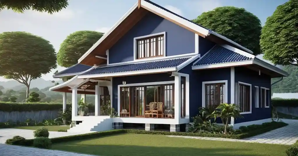 Warna Cat Luar Rumah Kampung Biru Gelap dan Putih Sederhana