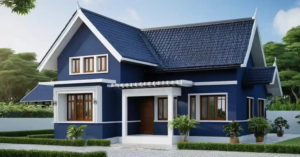 Warna Cat Luar Rumah Kampung Biru Gelap dan Putih