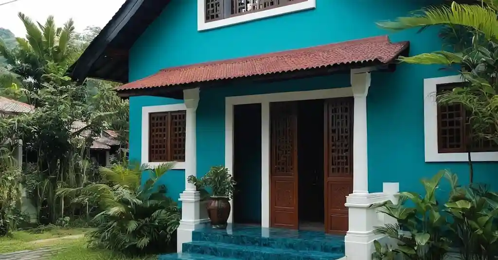 Warna Cat Luar Rumah Kampung Biru Teal Biru Navy dan Putih Menarik