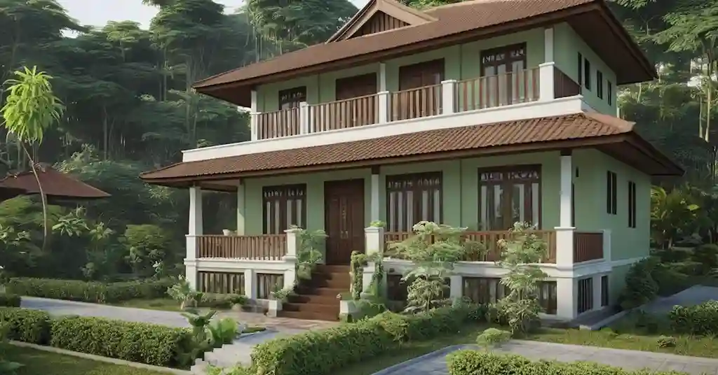 Warna Cat Luar Rumah Kampung Coklat Hijau Sage dan Putih Sederhana