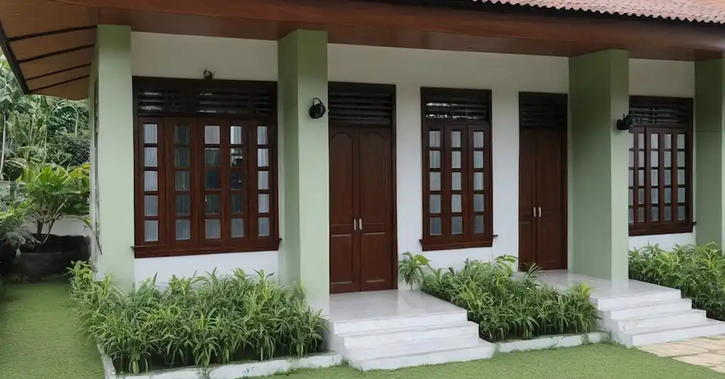 Warna Cat Luar Rumah Kampung Coklat Hijau Sage dan Putih