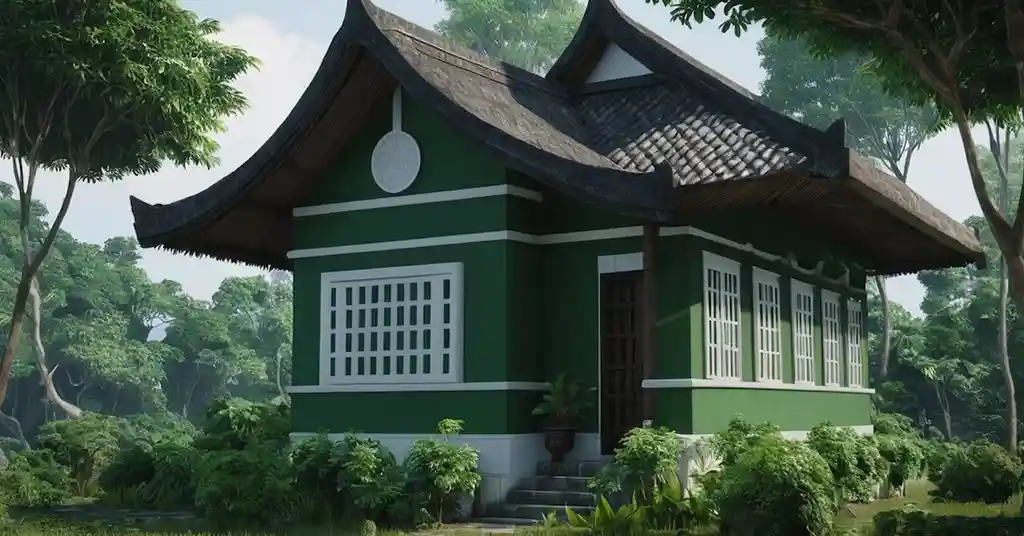 Warna Cat Luar Rumah Kampung Hijau Hutan dan Putih Sederhana