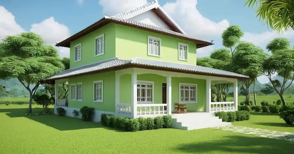 Warna Cat Luar Rumah Kampung Hijau Pistachio dan Putih Menarik