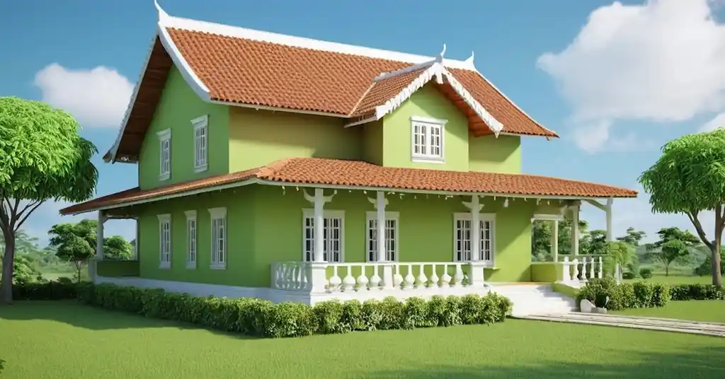 Warna Cat Luar Rumah Kampung Hijau Pistachio dan Putih Sederhana