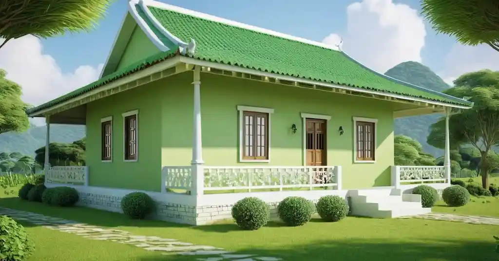 Warna Cat Luar Rumah Kampung Hijau Pistachio dan Putih yang Menarik