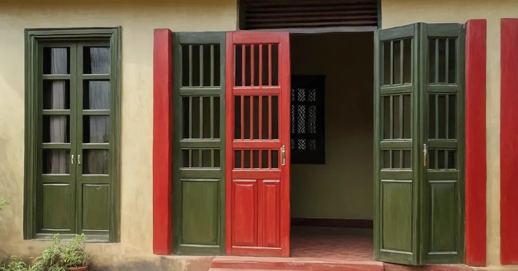 Warna Cat Luar Rumah Kampung Hijau Zaitun Merah dan Krim Sederhana
