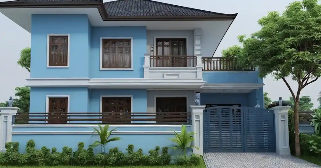 Warna Cat Luar Rumah Kampung Kelabu Pucat Putih dan Biru Muda Sederhana