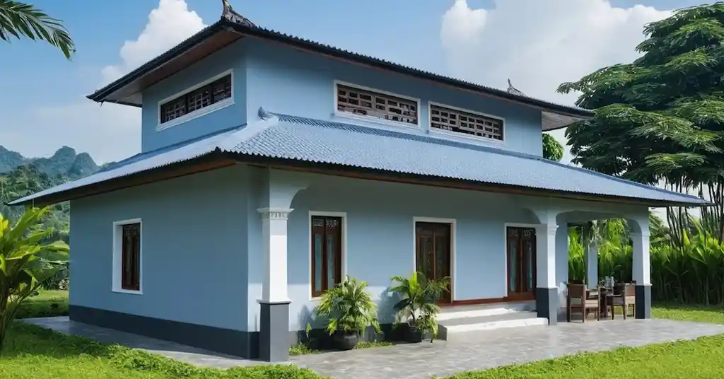 Warna Cat Luar Rumah Kampung Kelabu dan Biru Menarik