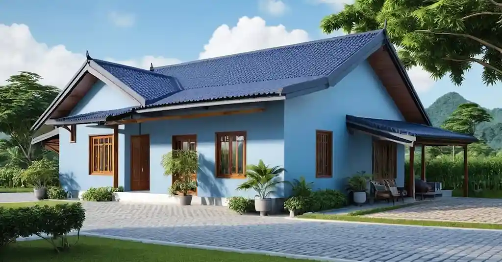 Warna Cat Luar Rumah Kampung Kelabu dan Biru Sederhana