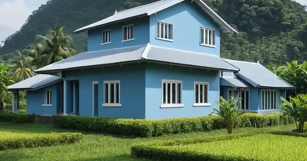 Warna Cat Luar Rumah Kampung Kelabu dan Biru yang Menarik