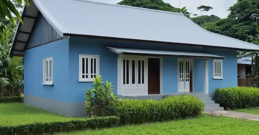 Warna Cat Luar Rumah Kampung Kelabu dan Biru