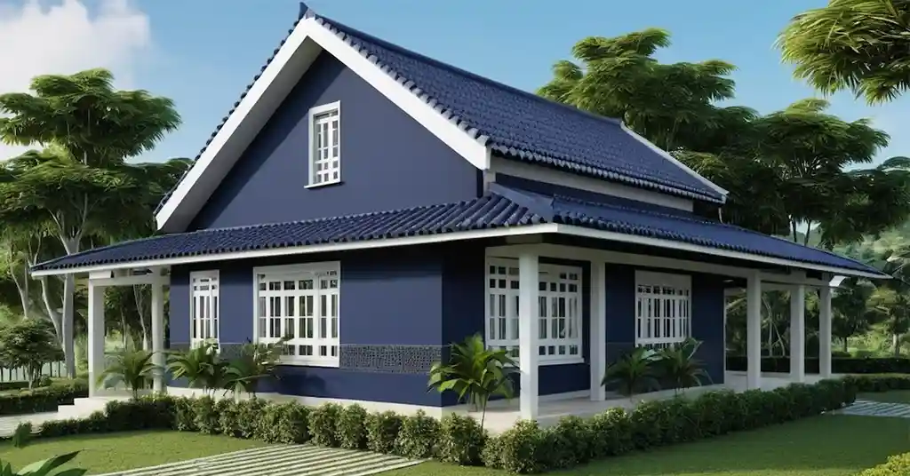 Warna Cat Luar Rumah Kampung Warna Biru Gelap dan Putih