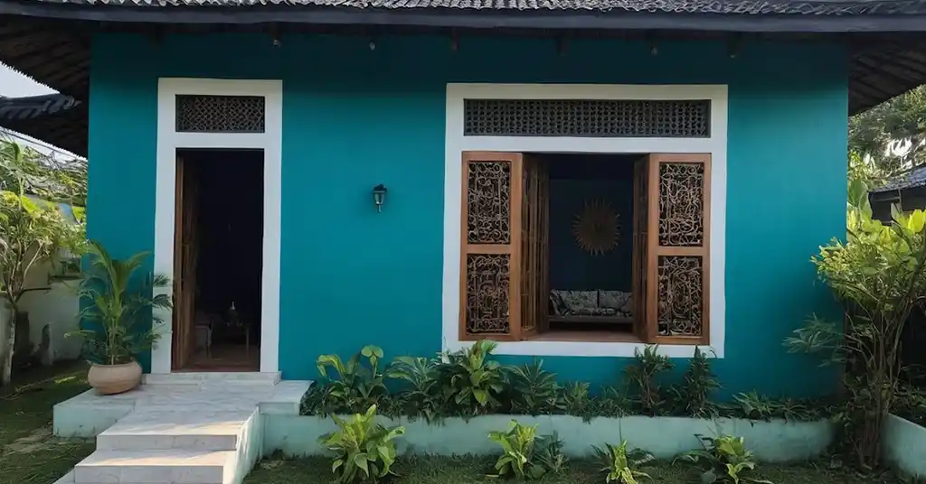 Warna Cat Luar Rumah Kampung Warna Biru Teal Biru Navy dan Putih Sederhana