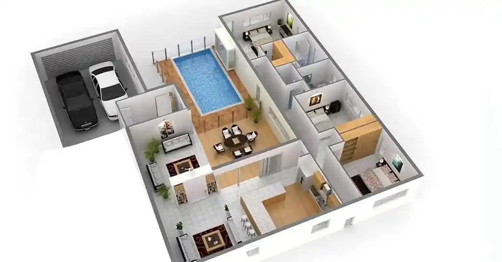 Rumah Bilik dan Kolam Renang