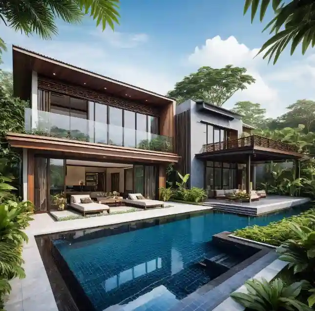 Rumah Kampung Modern dengan Kolam