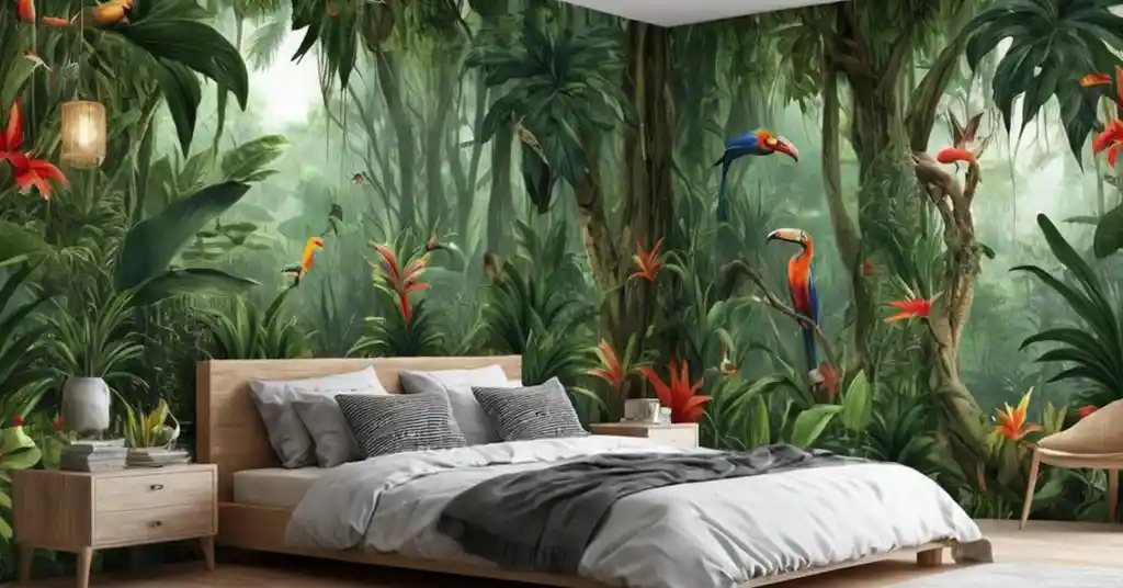 12. Wallpaper Bilik Tidur Perempuan Motif Hutan Tropika