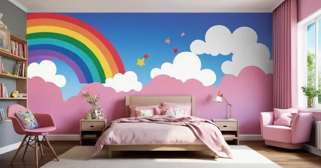 21. Wallpaper Bilik Tidur Perempuan Tema Pelangi Simple