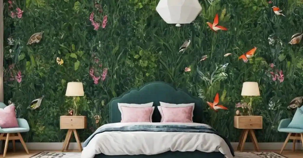 27. Wallpaper Bilik Tidur Perempuan Motif Alam dengan Flora dan Fauna