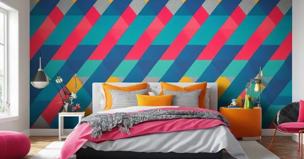 28. Wallpaper Bilik Tidur Perempuan Corak Geometrik dengan Warna Cerah