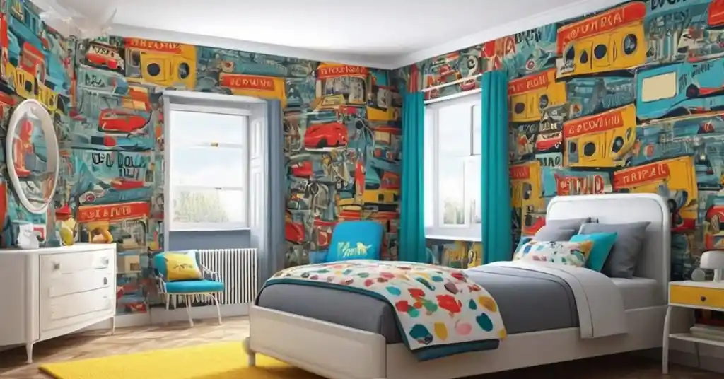 29. Wallpaper Bilik Tidur Perempuan Gaya Retro dengan Warna Warna Pop
