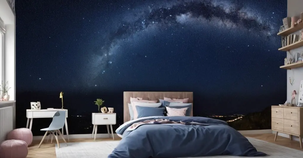 30. Wallpaper Bilik Tidur Perempuan Tema Langit Malam dengan Bintang
