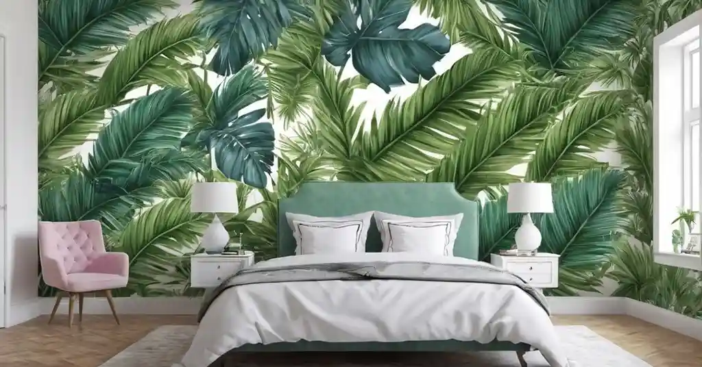 5. Wallpaper Bilik Tidur Perempuan Daun Palem Tropika