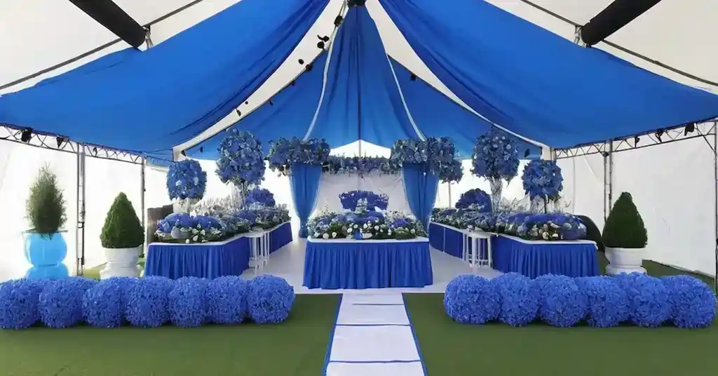 Hiasan Khemah Rumah Sukan Biru Tema Taman Bunga Biru