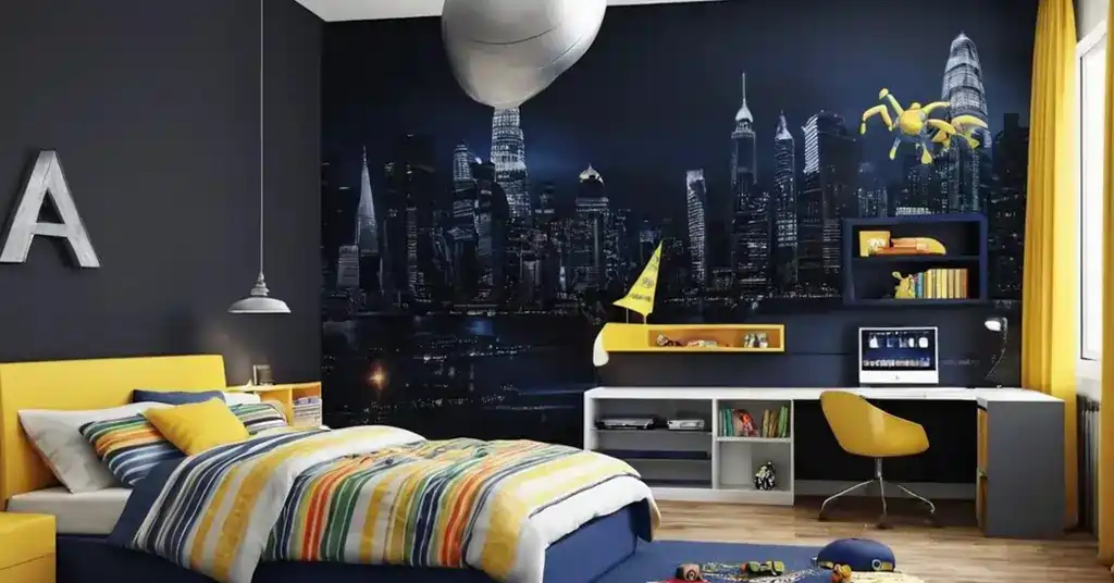 Idea Wallpaper dinding Bilik tidur Lelaki Kombinasi Warna Gelap dengan Aksen Cerah