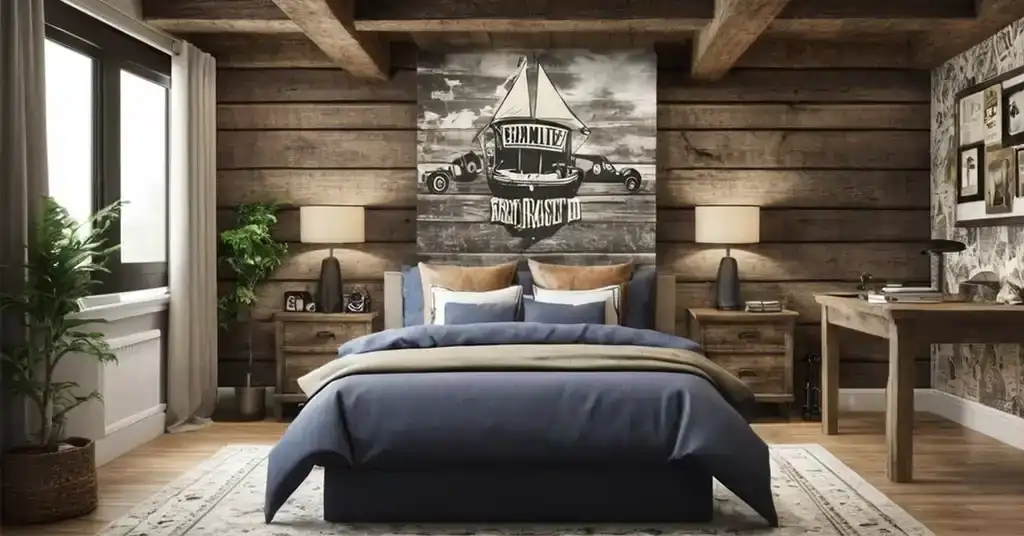 Idea Wallpaper dinding Bilik tidur Lelaki Motif Rustik dengan Balok Terbuka