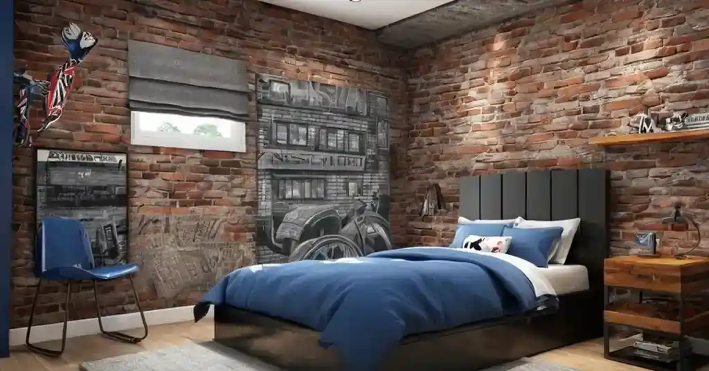 Wallpaper Bilik Tidur Lelaki Motif Motif Industri dengan Dinding Bata