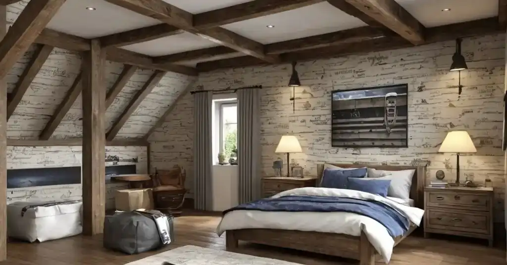 Wallpaper Bilik Tidur Lelaki Motif Rustik Balok Terbuka